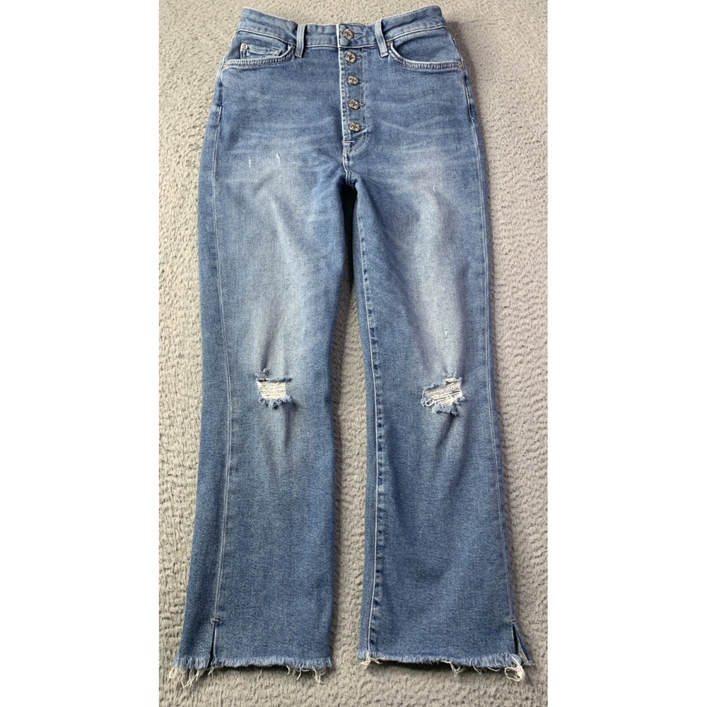 7 For All Mankind High-Rise Button-Fly Distressed Light Blue Jeans